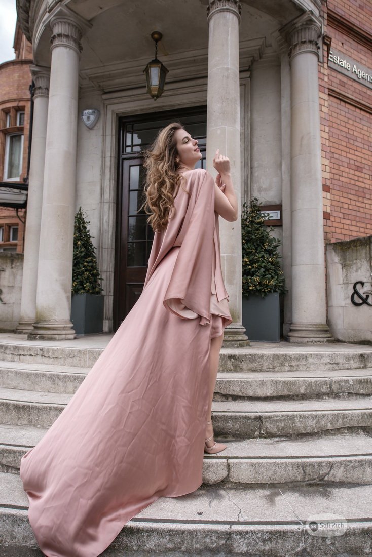 blush pink cape dress Luxurious Blush Pink Satin Cape Dress